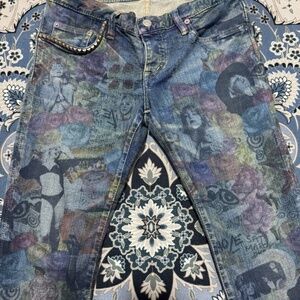 RARE AUTHENTIC Hysteric Glamour x Courtney Love All Over Print Jeans HOLE BAND